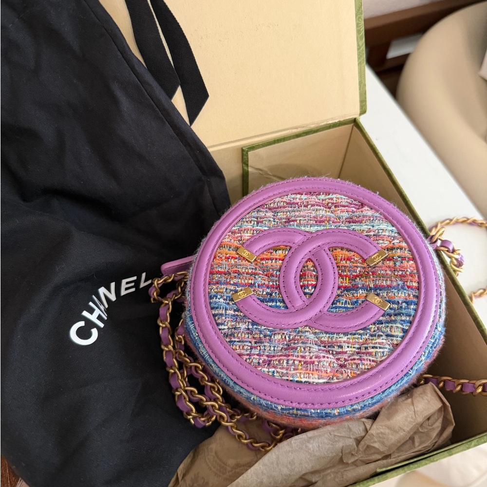 CHANEL Lavender Multicolor Tweed Round Crossbody Bag with Gold Chain
